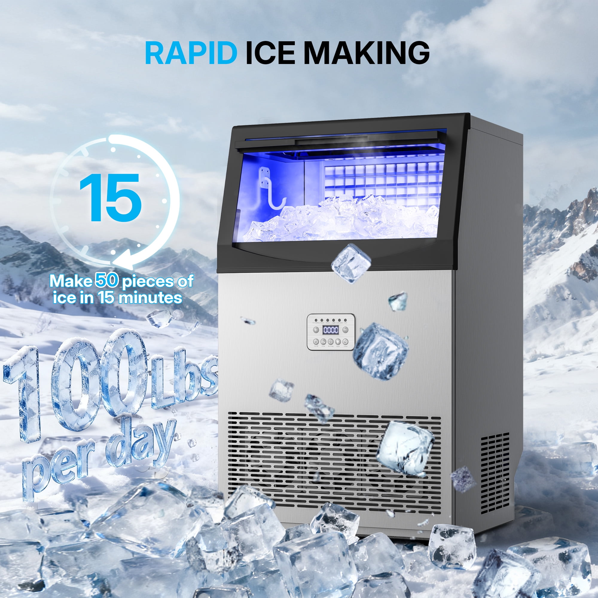 Nepsam Commercial Ice Maker, 100Lbs/24H, 50 Ice Cubes, Stainless Steel Under Counter ice Machine, Self-Cleaning & Timer, for Home & Bar