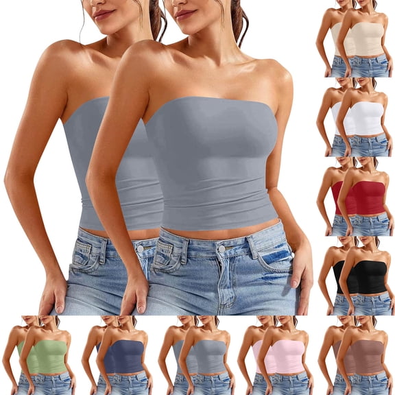 Pincandy Women's 2 Piece Solid Color Strapless Base Layer Crop Top Set Versatile Layering Outfit Perfect for Daily Wear and Casual Dates