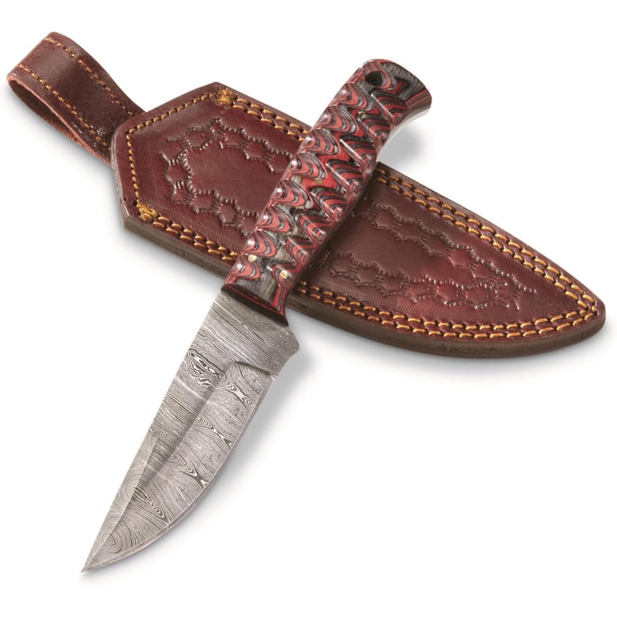 SANZ Supplies 7.5 Red Twisted Wood Handle Damascus Steel Outdoor Fixed Blade Knife with Sheath