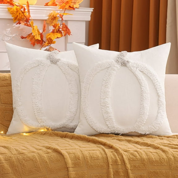 Tosleo Halloween Pillow Covers 18x18 Set of 2 White Pumpkin Embroidered Throw Pillow Covers Farmhouse Thanksgiving Home Decor Cushion Covers for Couch Sofa Bed