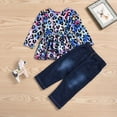 thumbnail image 2 of Toddler Baby Girl Outfits Long Sleeve Leopard T-Shirt Tops Ruffle Ripped Denim Pants Fall Clothes, 2 of 6
