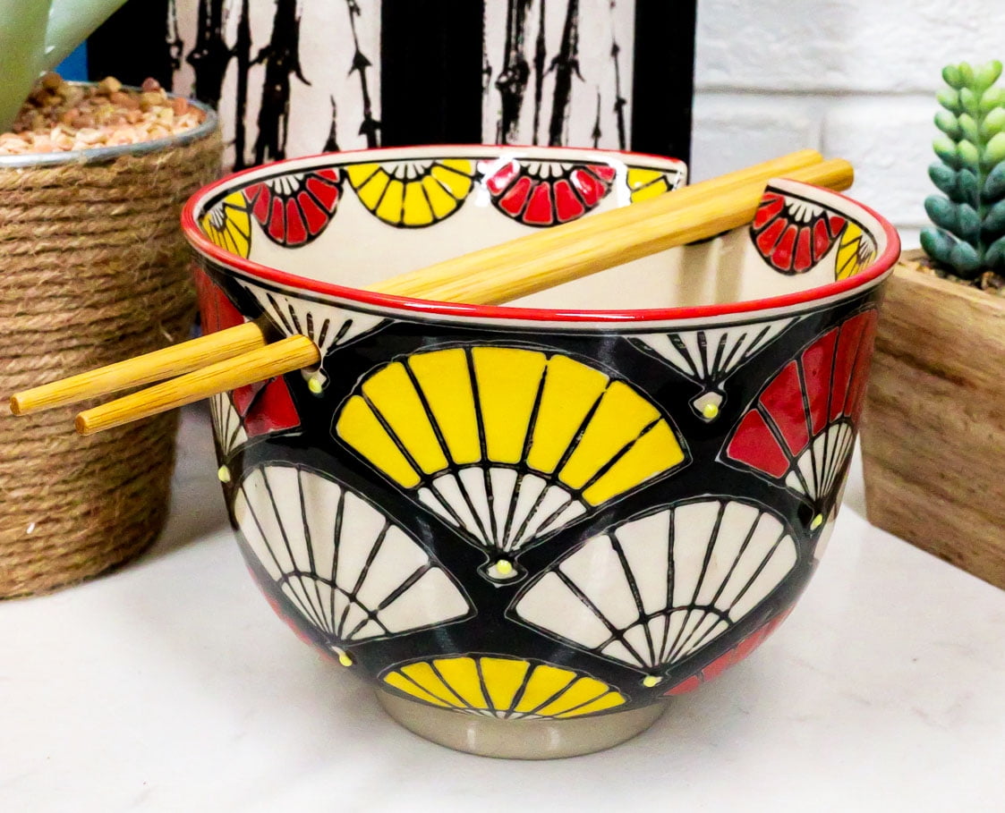 Colorful Oriental Fans Ramen Noodles Soup 5"D Bowl With Chopsticks Set Bowls 