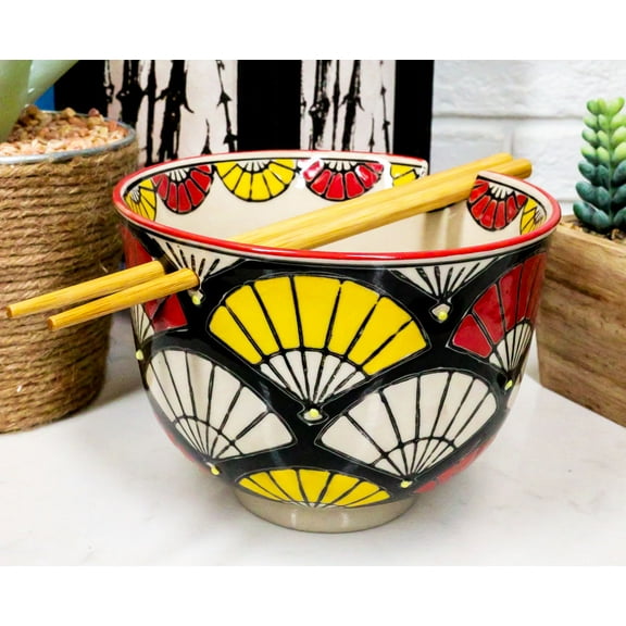 Colorful Oriental Fans Ramen Noodles Soup 5"D Bowl With Chopsticks Set Bowls