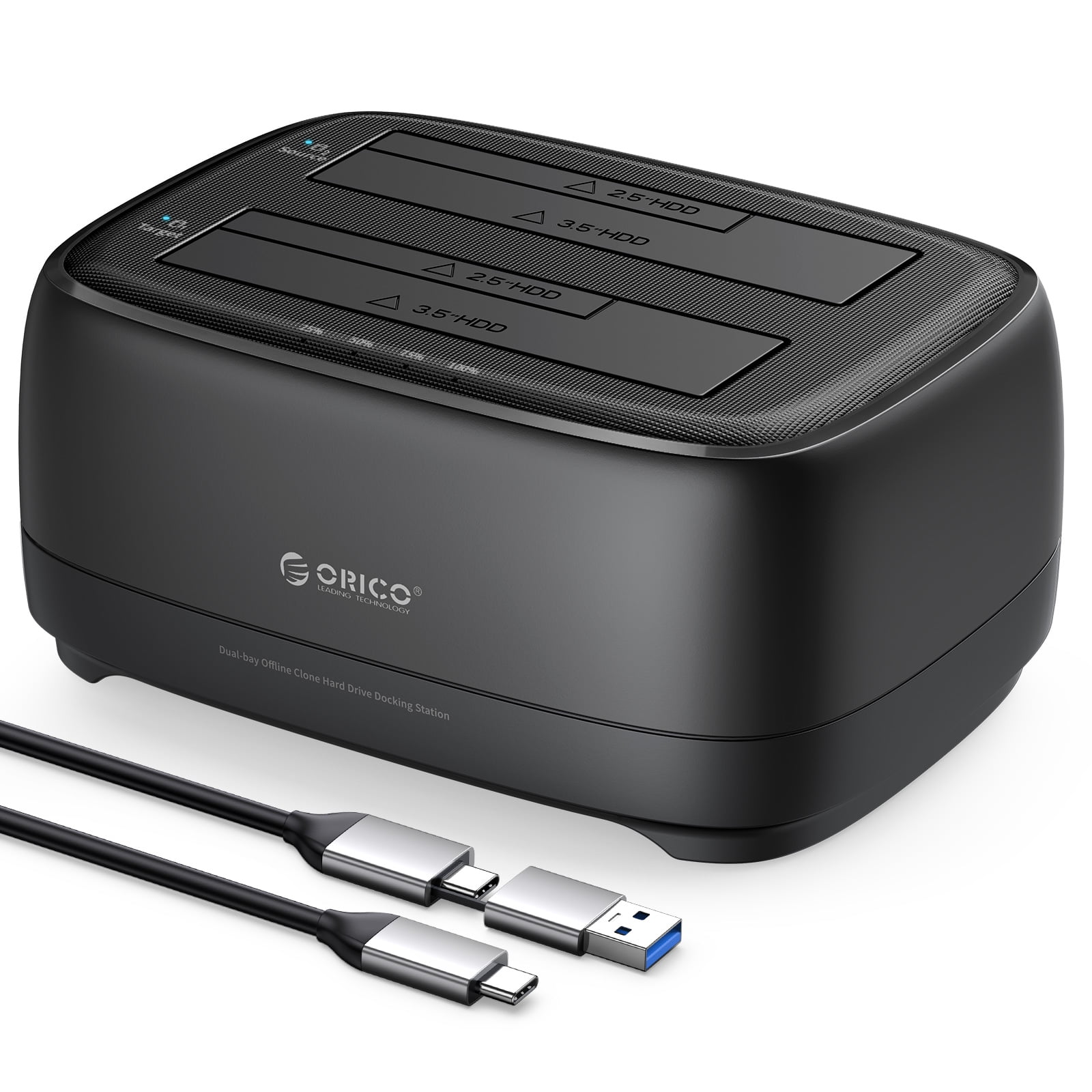 ORICO Dual Bay Hard Drive Docking Station with Offline Clone USB 3.2 Gen 1 Type-C to SATA HDD Docking Station for 2.5&3.5 Inch SSD HDD Up to 40 TB with 12V Power , Tool-Free and UASP Supported