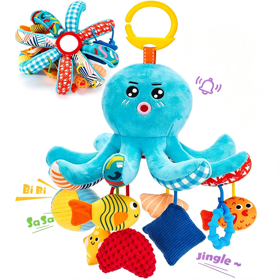 CYFW Baby Toys 0-6 Months Car Seat Toy Octopus Plush with Pulling Cords|Infant Hanging Toy for Baby Gym,Stroller,Carseat-3 4 Month Old Toys for Babies with Squeaky,Crinkle,Rattle,Mirror