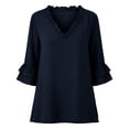 thumbnail image 3 of Womens Tops Ruffle 3/4 Sleeve Dressy Casual Shirts Solid Color V-Neck Tunic Summer Vacation Blouse Navy, 3 of 6