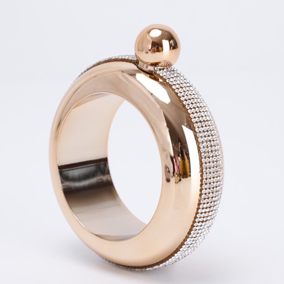Bracelet Rétro de Luxe pour Femmes 3.5oz - Bouteille de Liqueur Ronde en Acier Inoxydable 304 avec Autocollants Diamant Or Rose et Couvercle Régulier, Antirouille et Résistant à la Corrosion Accessoire Élégant