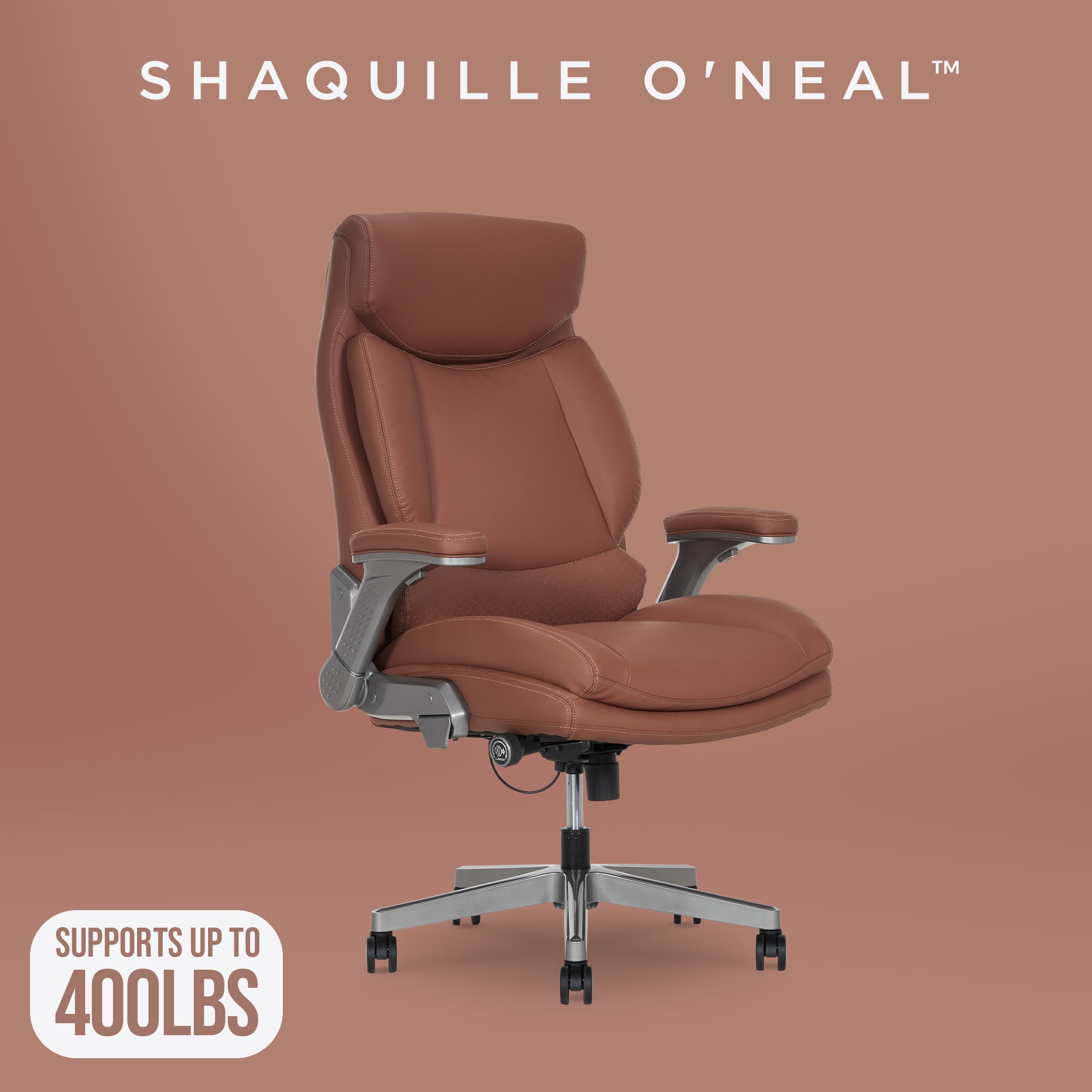 Shaq Tarvos Premium Ergonomic Big & Tall Office Chair, PureSoft Upholstery with Height Adjustable and Flip-Up Arms, Cognac Brown