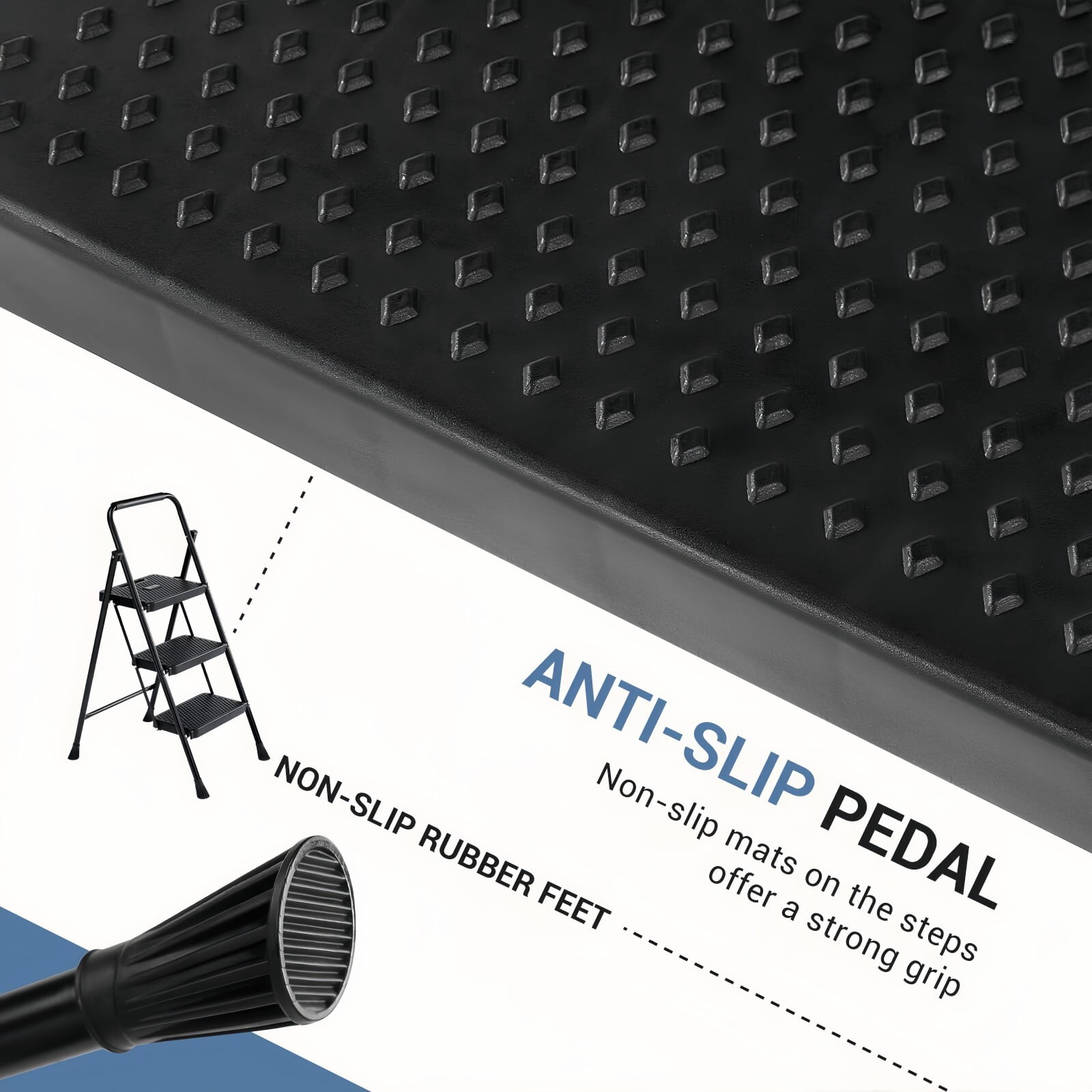 Kelno 3 Step Ladder 800Lbs Capacity Folding Step Stool with Anti Slip Pedals Safety Handrail, Pure Black