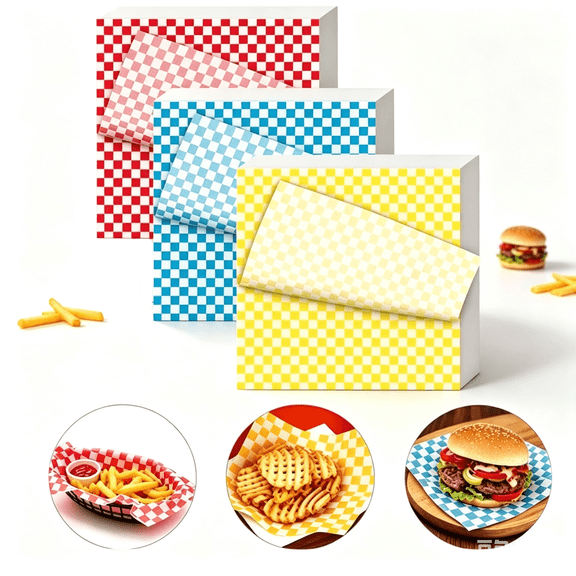 Mioerouu 300 Count 12x12 Inch Checkered Wax Paper Sheets, Red Blue Yellow Colorful Grease Resistant Food Wrapping Paper, Food Grade Biodegradable Sandwich Burger Wrapper for Party Picnic Fair
