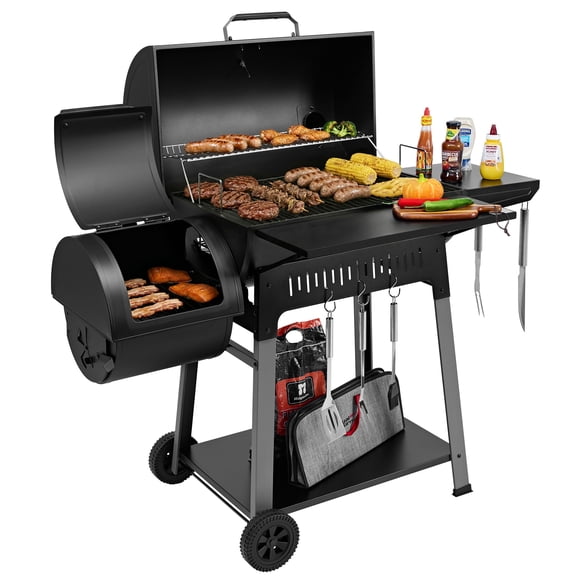 Royal Gourmet Barrel Charcoal Grill with Offset Smoker for Backyard Cooking, Black
