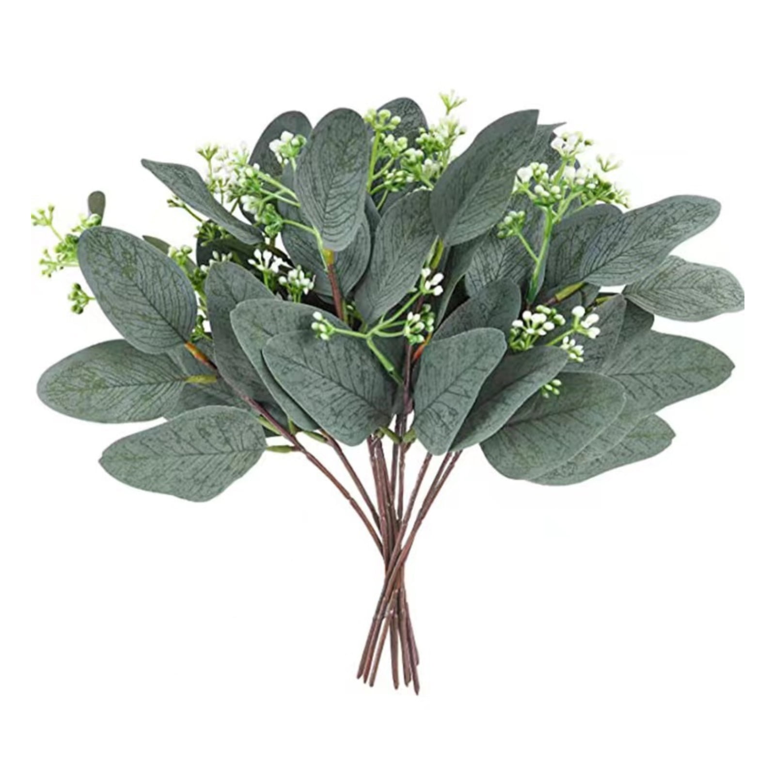 5Pcs Artificial Eucalyptus Leaves Stems with White Seeds Short Silver