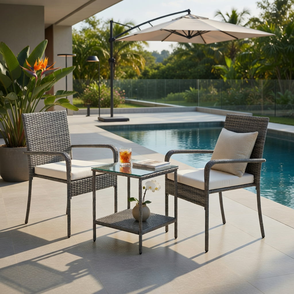 Hommoo 3-Piece Modern PE Rattan Patio Furniture Set with Cushions, Tempered Glass Tabletop, and Reinforced Metal Frame, Ideal for Balcony, Porch & Backyard, White