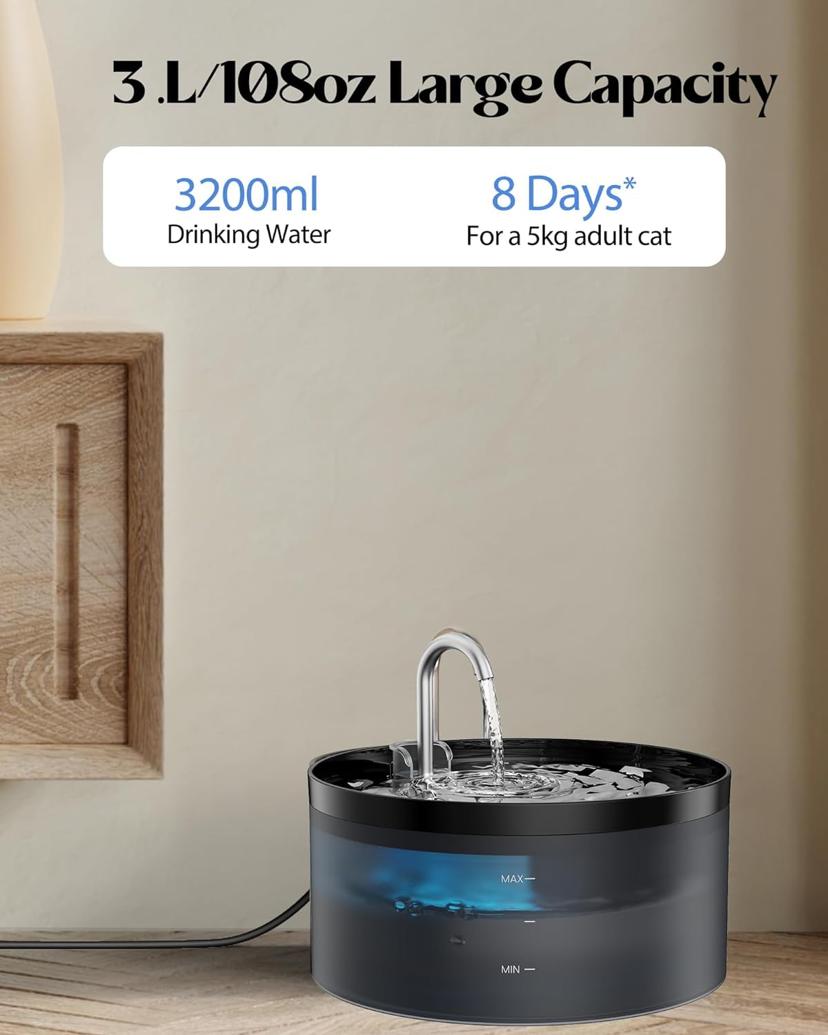 Large 3.2L Pet Water Fountain for Cats Indoors with 6 Filters & 3 Sponges