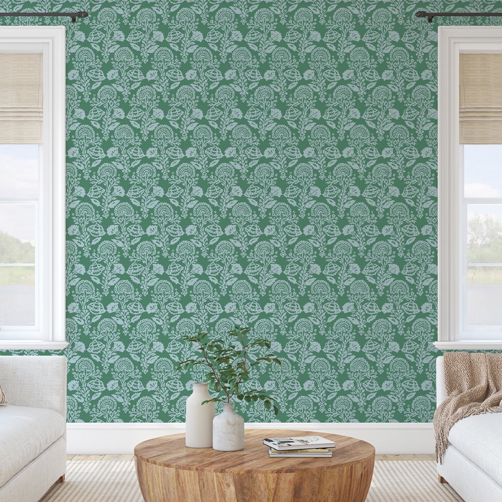 Tempaper Floral Damask Green Peel and Stick Wallpaper, 20.5" x 16.5'