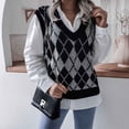 thumbnail image 3 of Chaleco sin mangas para mujer, cuello en V, a cuadros, suelto, informal, elegante, agradable a la piel, chaleco para otoño e invierno, gris M, 3 of 6