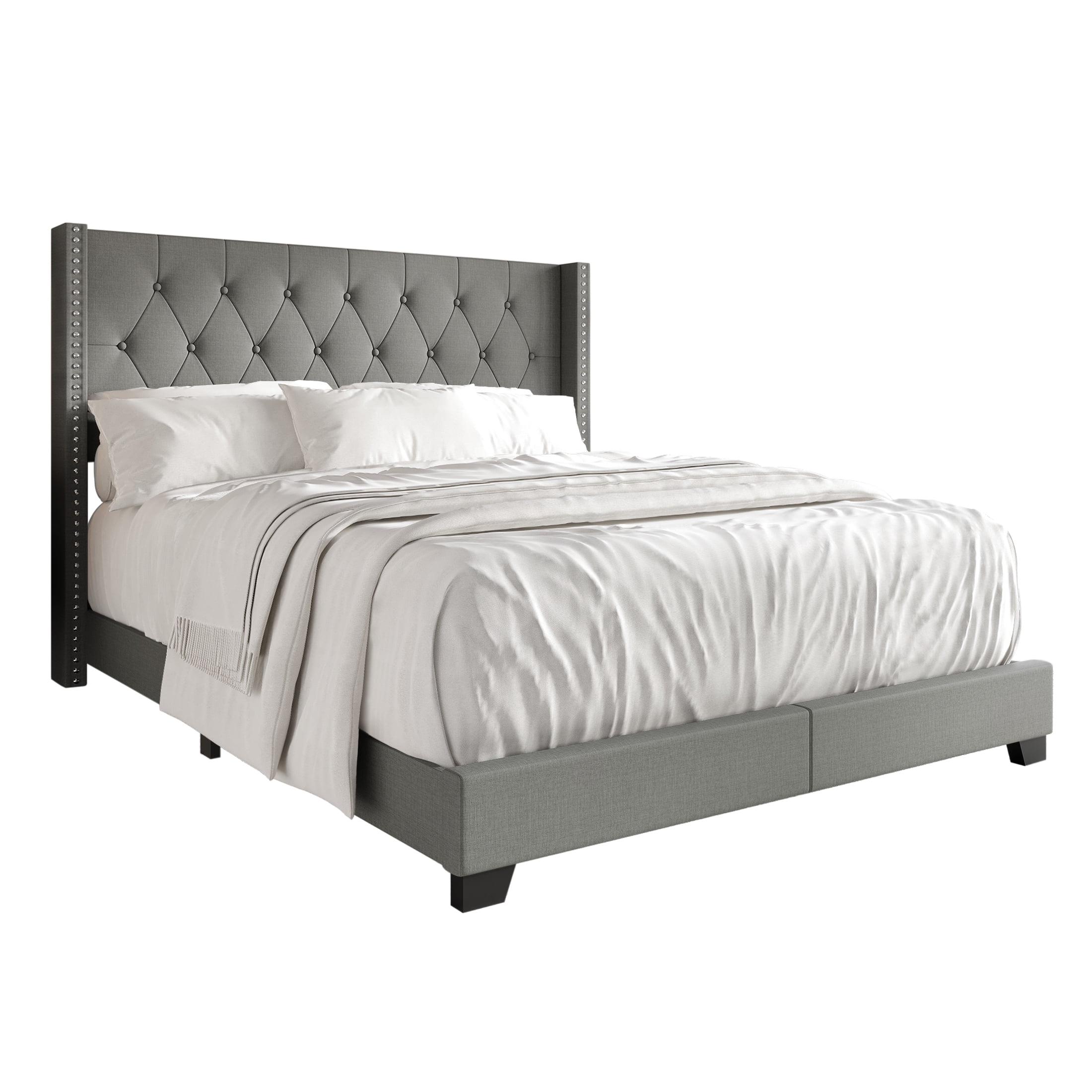 Castle Place Nailhead Trim Wingback Linen Upholstered Bed, Light Grey, Full