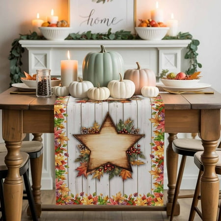 Fall Stars Maple Leaf Table Runner, Autumn Thanksgiving Kitchen Dining Table Decoration for Home Party Decor 13x108 Inches