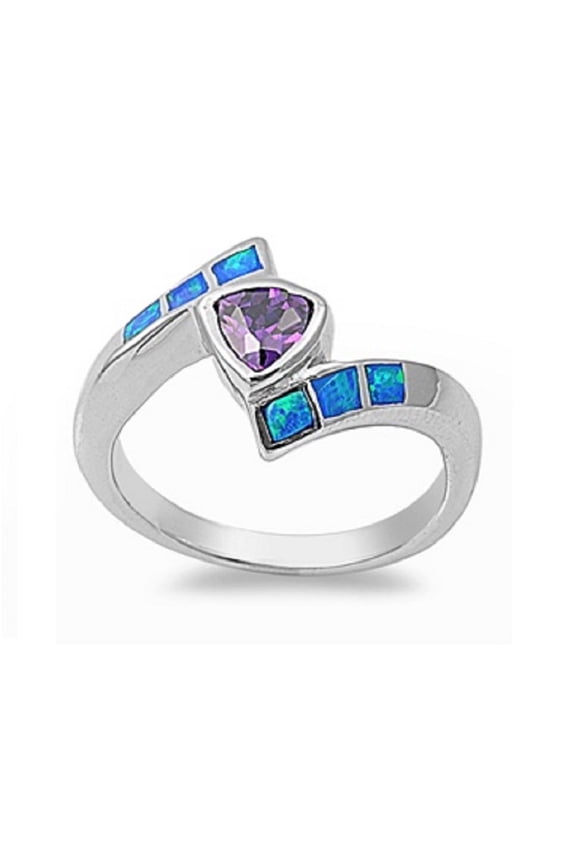 Heart Simulated Amethyst Cubic Zirconia Tension Blue Simulated Opal Ring Sterling Silver Size 6