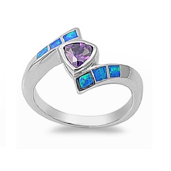 Heart Simulated Amethyst Cubic Zirconia Tension Blue Simulated Opal Ring Sterling Silver Size 6