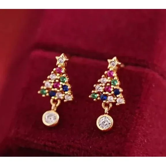 Christmas Tree Stud Earrings | 18K Yellow Gold Plated Sterling Silver with 2Ct Round Cubic Zirconia | Festive Holiday Jewelry for Women