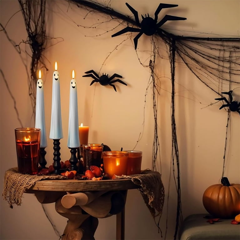 Eldnacele Flameless Flickering Ghost Taper Candles – 2-Pack, Real Wax, Remote & Timer, Battery Operated, Spooky Halloween Decor (White, 9.5" Tall)