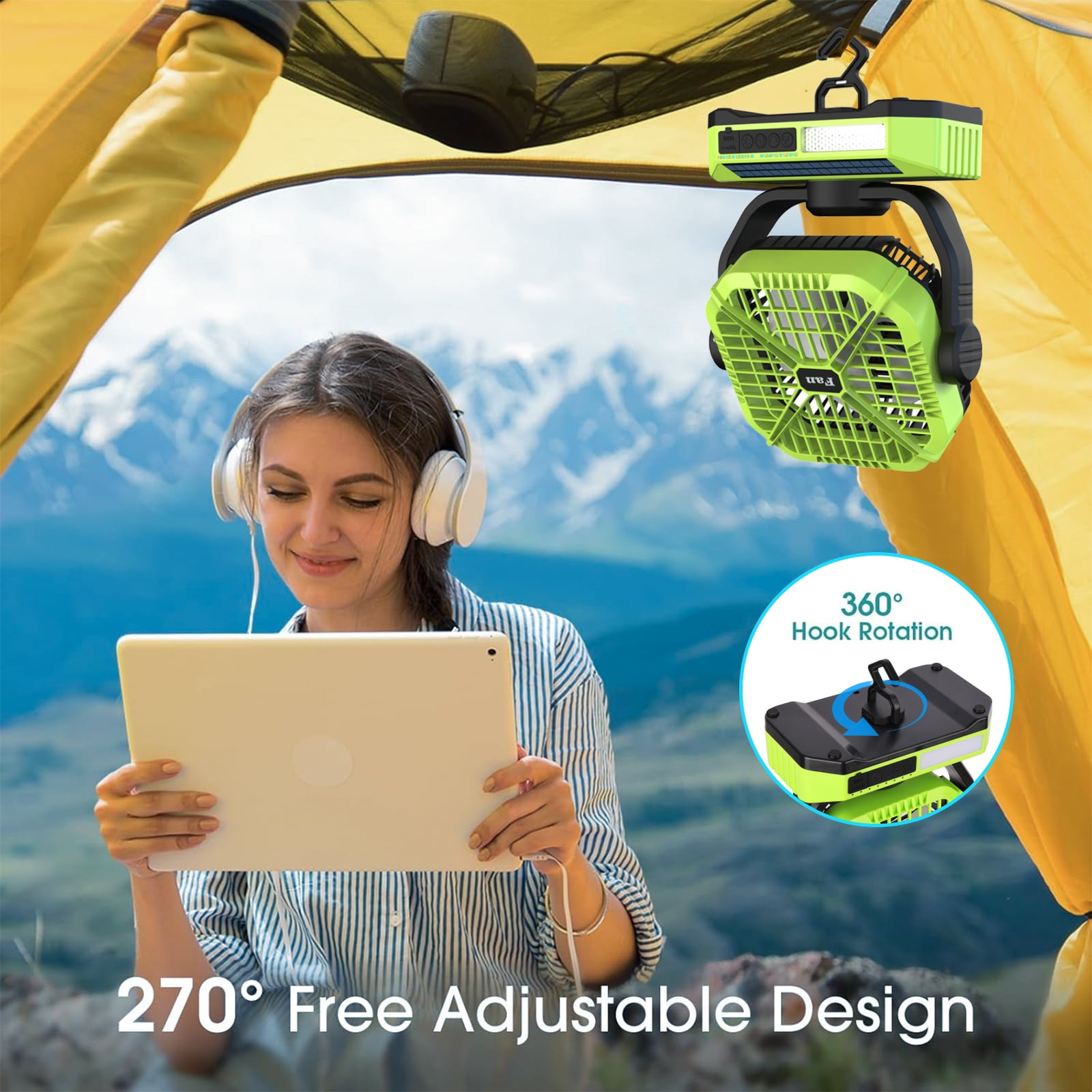 Camping Fan with LED Lantern, 10000mAh Rechargeable Tent Fan, 4-Speed Quiet Oscillating Fan with Remote & Hook, Portable Outdoor Fan for Camping Travel
