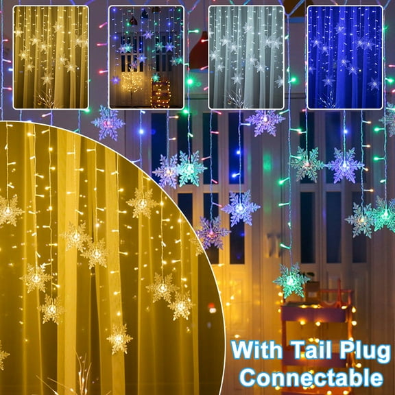 LED Christmas Snowflake Curtain String Lights, Memory 8 Modes Waterproof Fairy String Lights, Decorative Lamp for Home Party Xmas Decor, 1/2/3/4Pcs