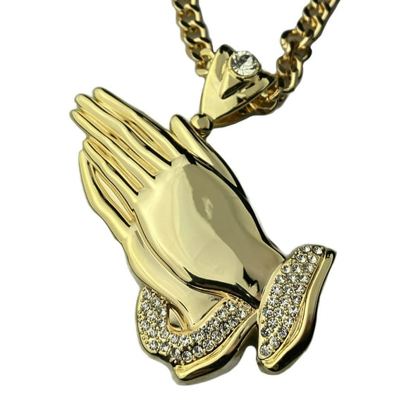18k Gold Plated Huge Praying Hands Iced Pendant Necklace Cuban Hip Hop Chain 30" Inch