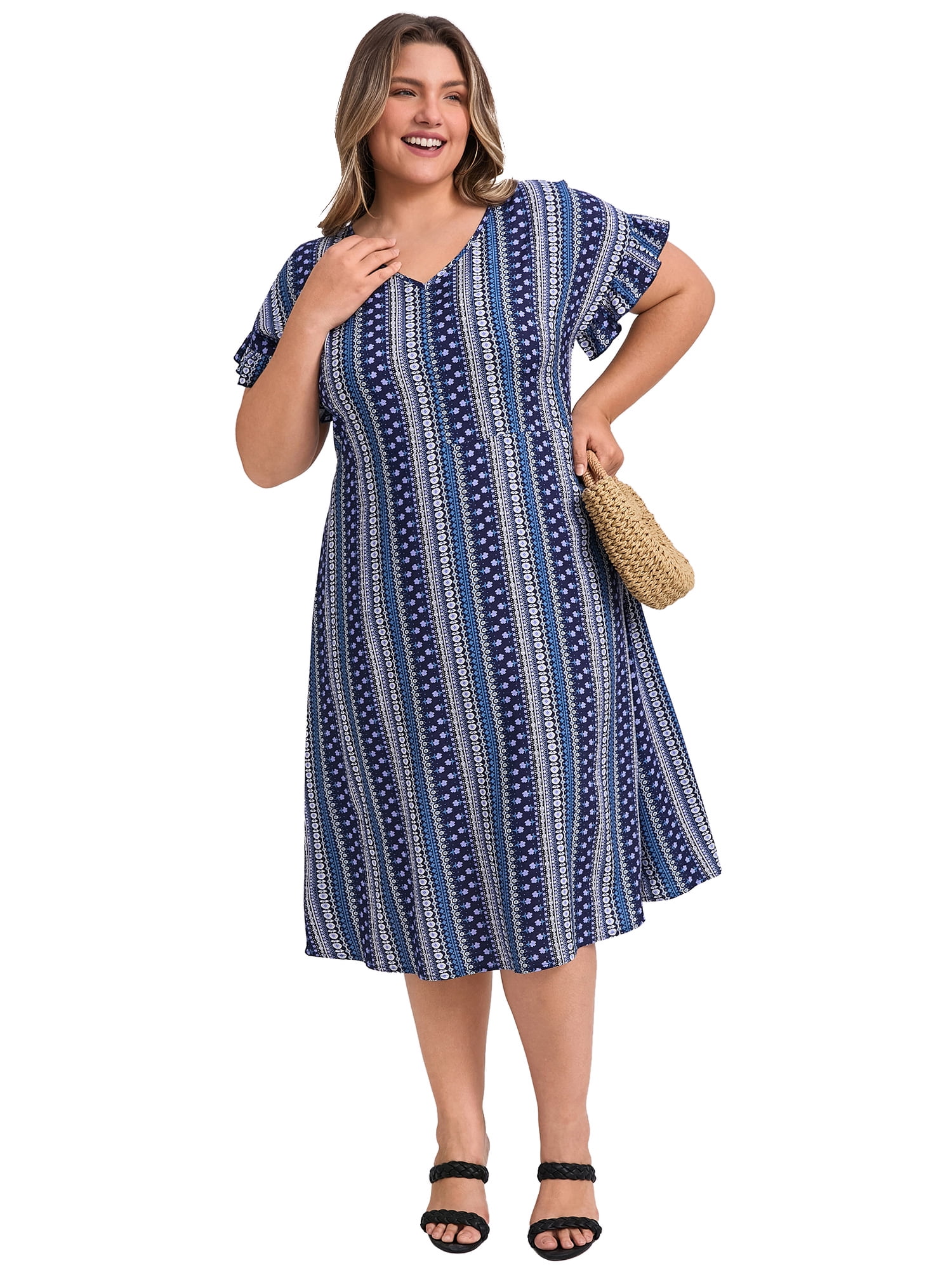 DARING DIVA Plus Size Boho V Neck Ruffle Sleeve Midi Dress 4X Navy Blue