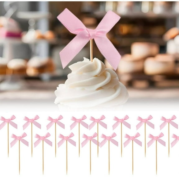 QZS Mini Bowknot Cupcake Picks,4.3x1.6In Birthday Cupcake Toppers for Party Decor,48Pcs Pink Bowknot Decoration for Indoor,Outdoor