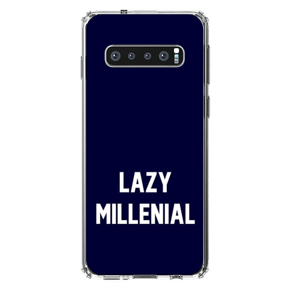 DistinctInk Clear Shockproof Hybrid Case for Samsung Galaxy S10 (6.1" Screen) - TPU Bumper, Acrylic Back, Tempered Glass Screen Protector - Lazy Millenial - Navy & White