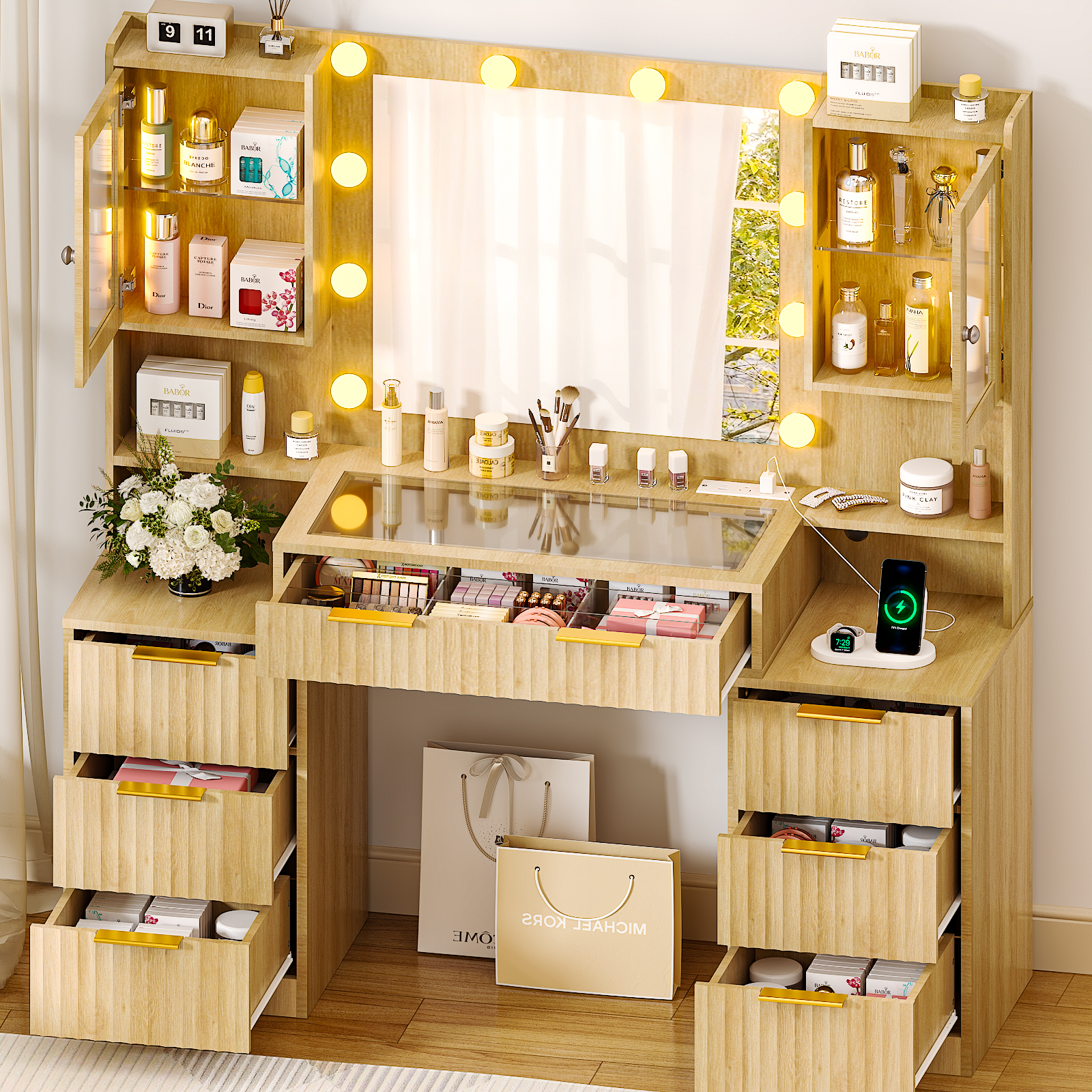 Ktaxon Large Makeup Vanity with 7 Drawers, Flutted Vanity Table Set with Lighted Mirror, Get Ready with Me, Wood Color