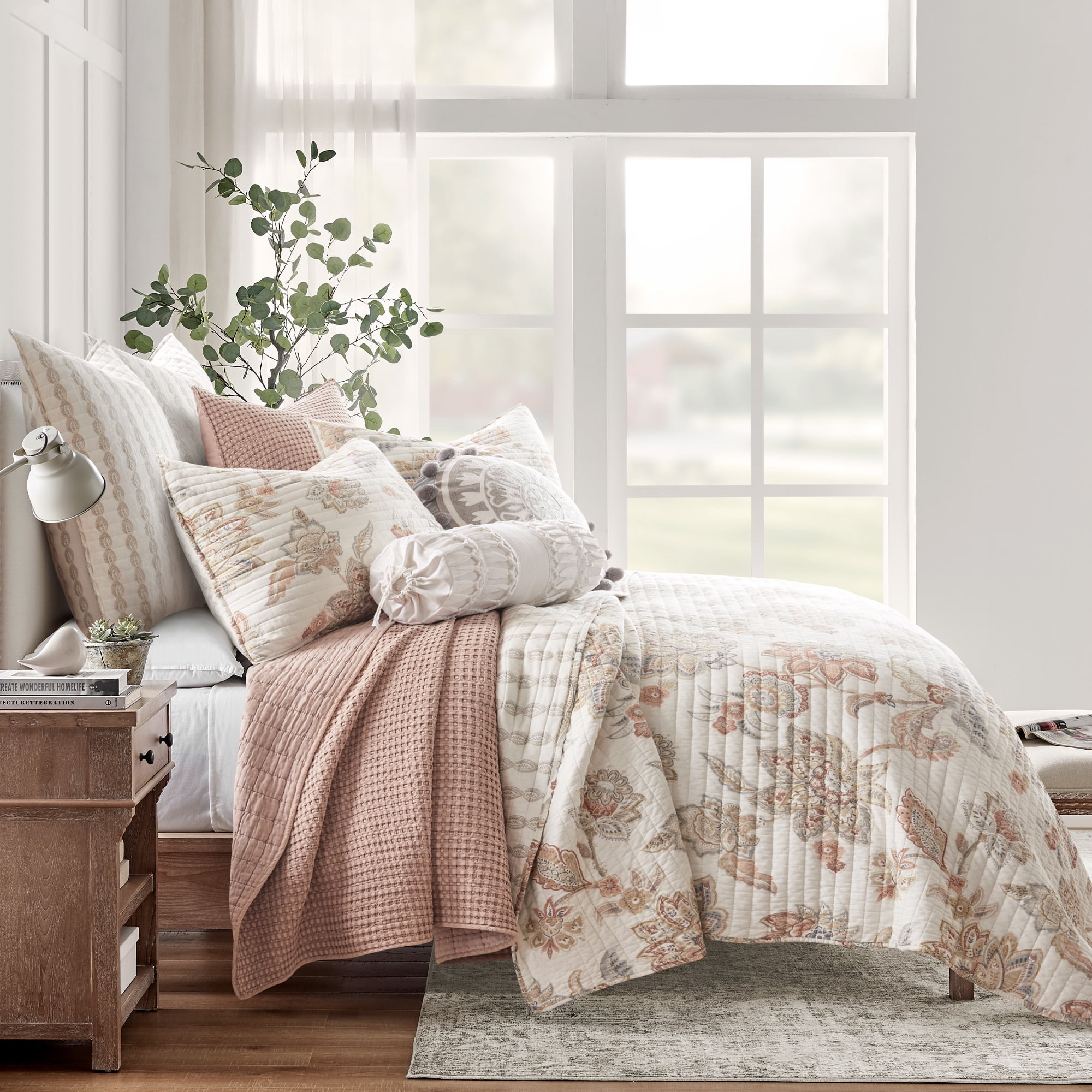 Levtex Home - Selesta Blush Quilt Set - Twin Quilt and One Standard Sham - Floral - Blush Taupe Grey - Quilt (68x86in.) and Sham (20x26in.) - Reversible - Cotton