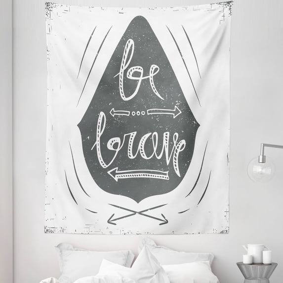 Saying Tapestry, Greyscale Composition of Arrows Dots Inspirational Be Brave Inscription, Fabric Wall Hanging Decor for Bedroom Living Room Dorm, 5 Sizes, Charcoal Grey and White, by Ambesonne