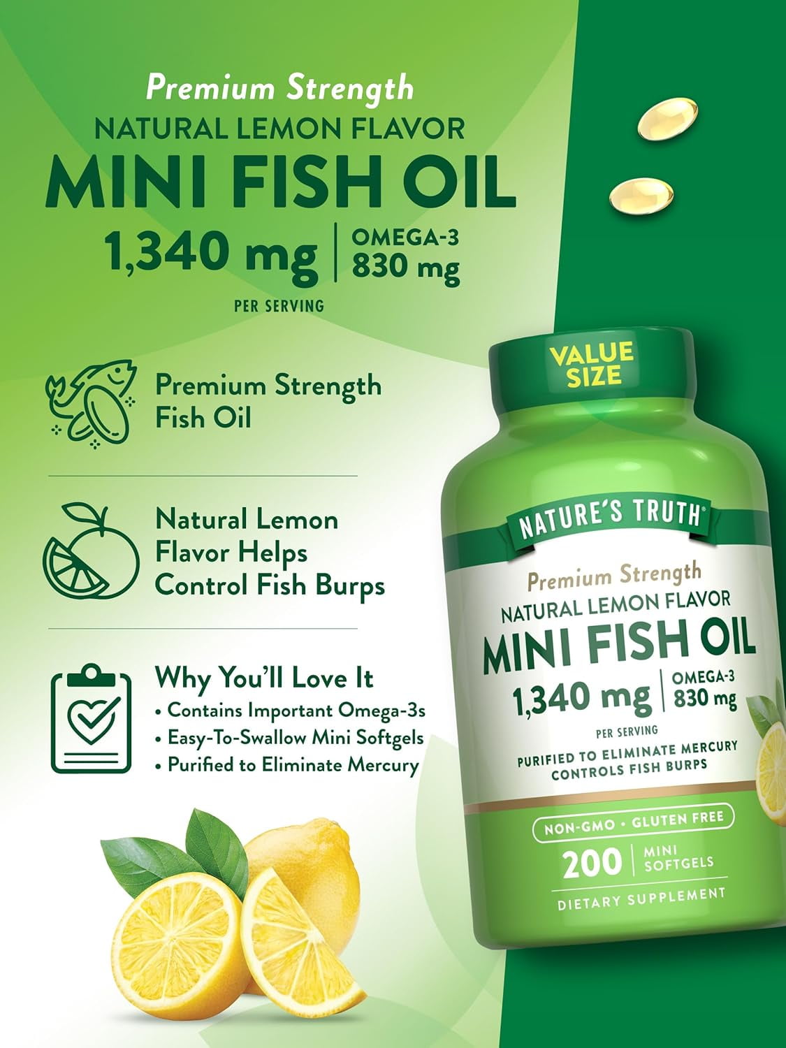 Fish Oil Omega 3 | 1340 mg | 200 Mini Softgels | Burpless Lemon Flavor Pills | Non-GMO & Gluten Free Supplement | By Nature's Truth