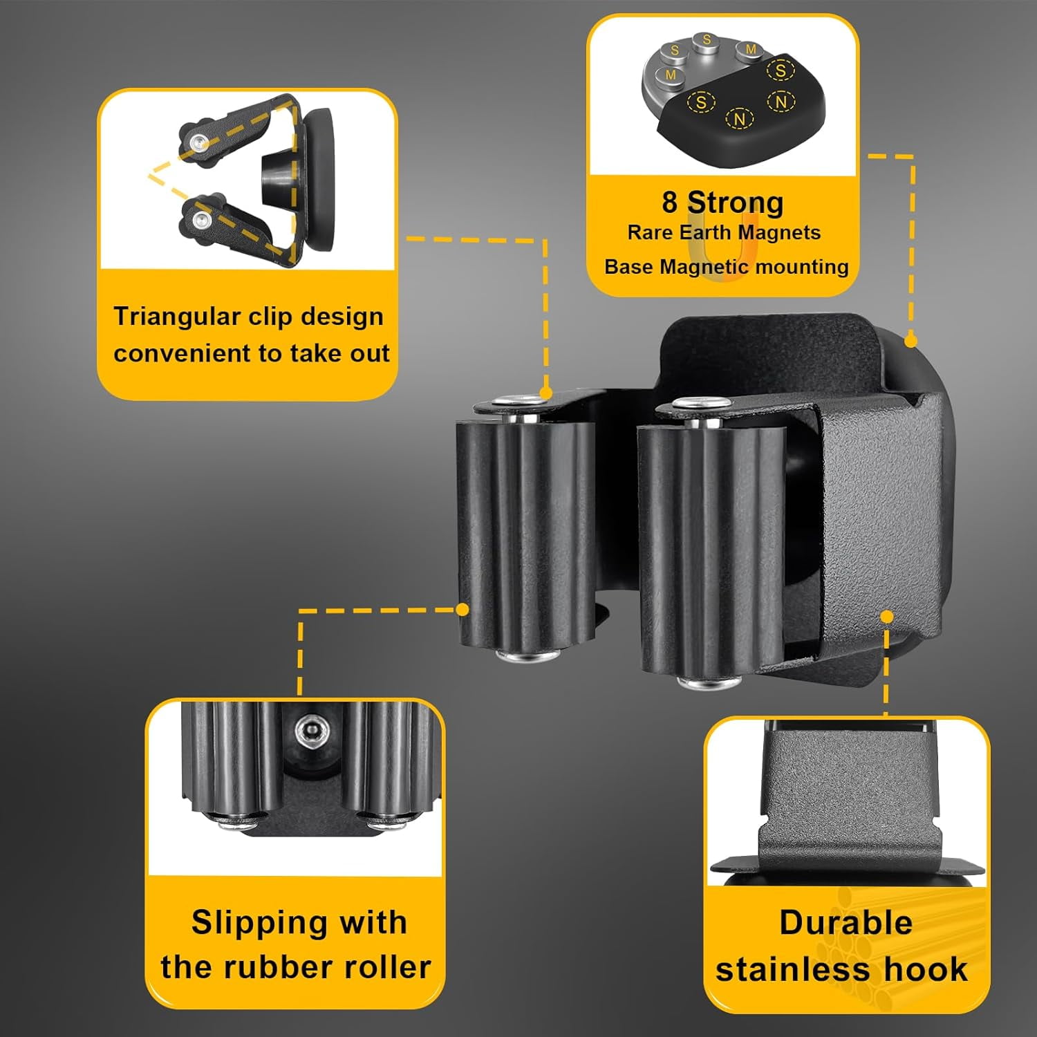 Upgraded Magnetic Broom and Mop Holder Wall Mount, Space-Saving Heavy Duty No Drill Over the Door Gripper RV Camper Organizer,Black,4 Pcs