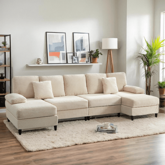 Puremind 112" U Shaped Sofa, 4 Seat Sofa with Double Chaises, Corduroy Sectional Couch for Living Room/Apartment, Beige