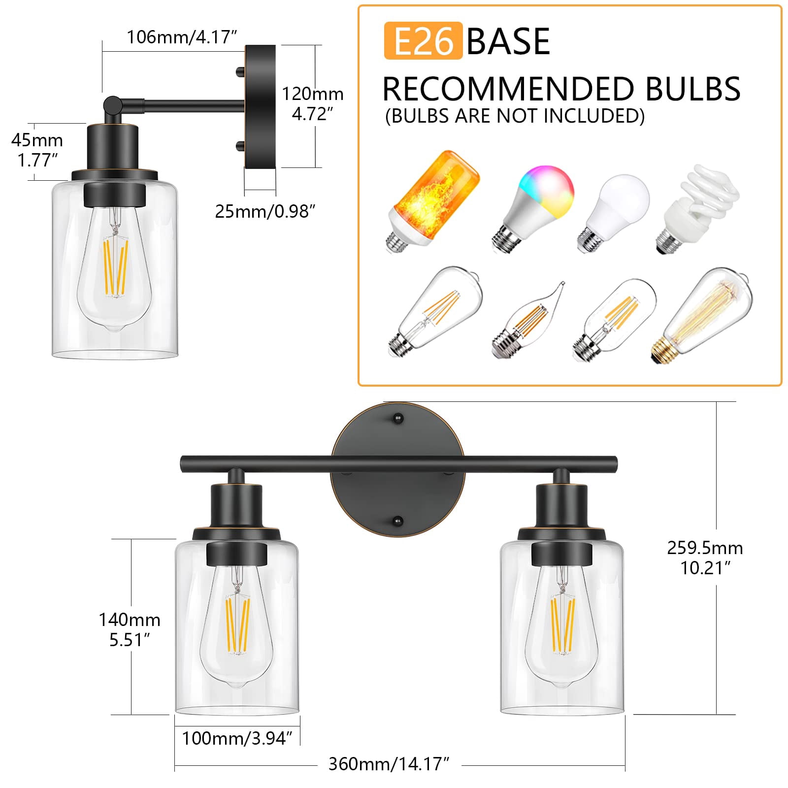 Bathroom Light Fixtures  2-light Oil Rubbed Bronze Vanity Vintage Wall Sconces Lighting Modern Bath Mounted With Glass Shade Porch Lamp For Mirror Living Room
