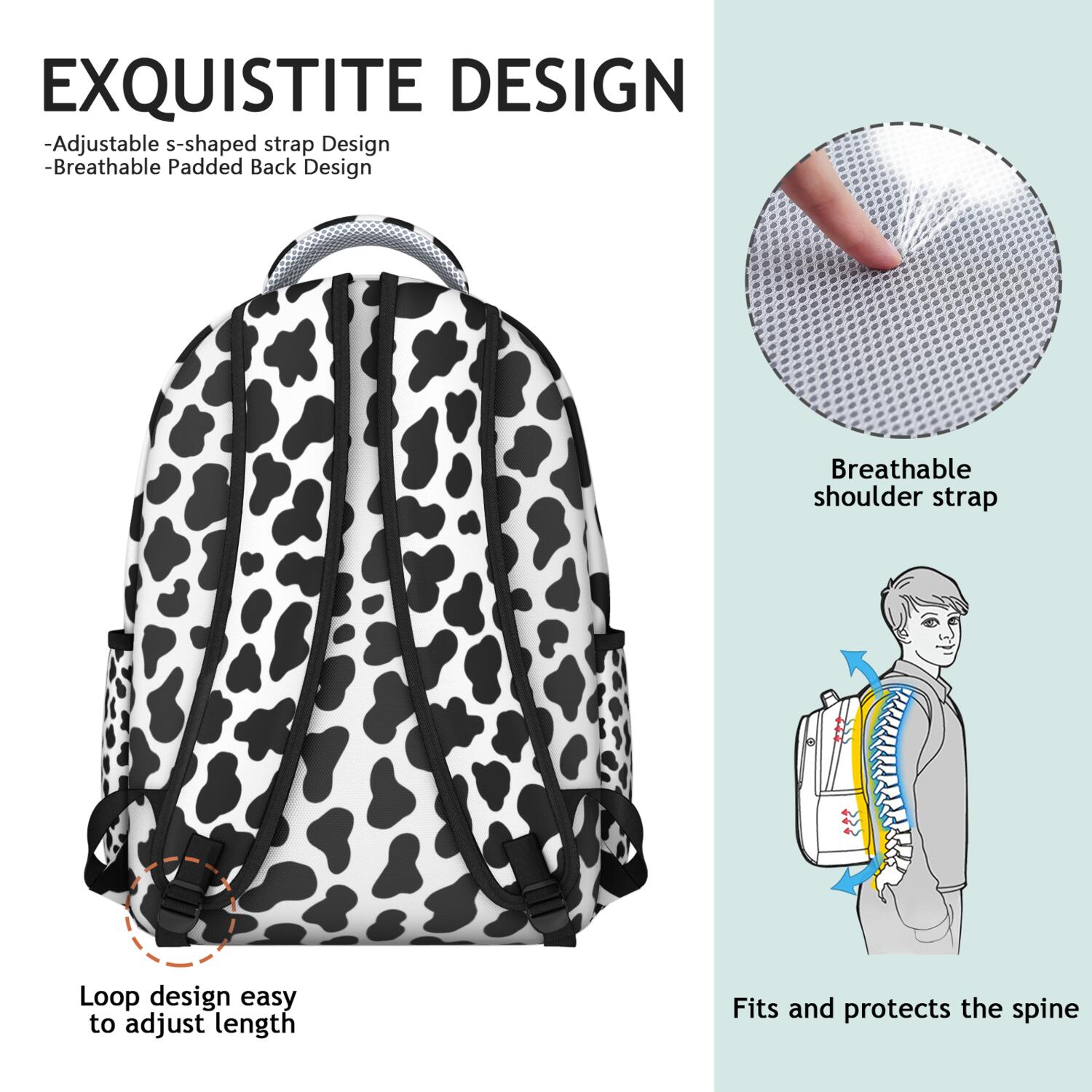 Cow Print Backpack for School,Schoolbag with Adjustable Shoulder Straps & Padded Back,15.3"x11"x7.1".