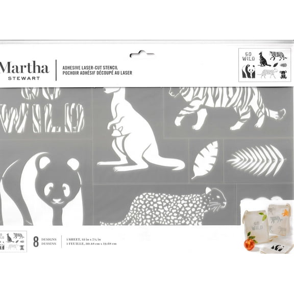 Martha Stewart Crafts Adhesive Laser-Cut Stencil 8 Designs Go Wild Cat Panda