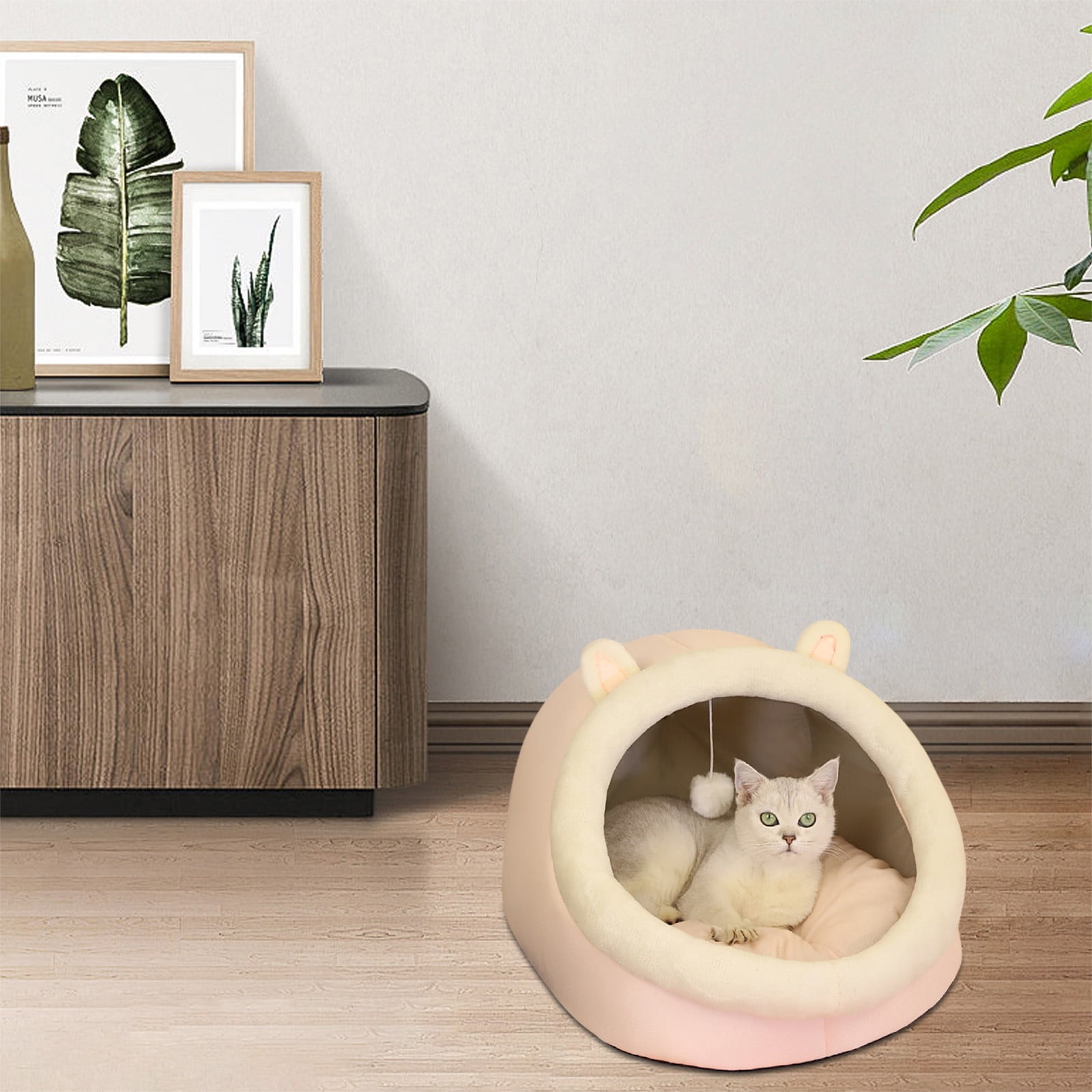 AUHomi Cute Cat Bed for Indoor Cats, Semi-Enclosed Soft Half-Covered Cat Bed, Thickening and Warm in Winter, Warm Soft Cave Fit for Cat Up to 16 Lb and Puppy, Pink