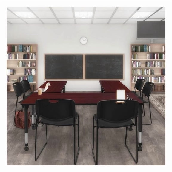 Regency 66x30 Mobile Adjustable Classroom Table- Mahogany & 2 Zeng Stack Chairs- Black