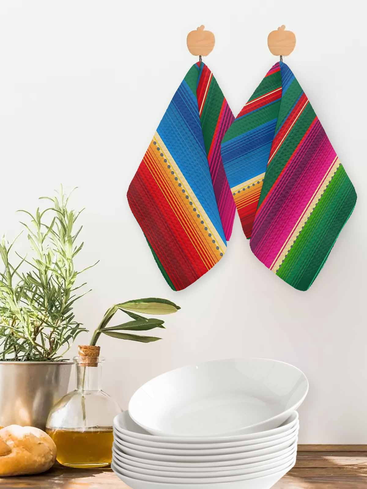 Mexican Stripes Dish Towels Set, Waffle Weave Kitchen Towels 4 Pieces, Blue Boho Red Green Orange Art Simple Microfiber Hair Face Bath Tea Towel Absorbent Quick Drying Cleaning Dish Cloths 12"x12"
