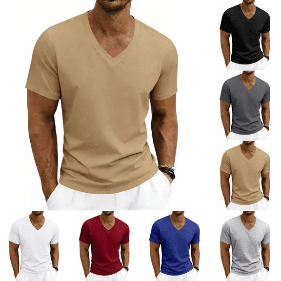 V Neck T Shirts Men Athletic Casual Short Sleeve Tshirts Breathable Lightweight Pure Color Summer Basic Tees T-Shirts Khaki XL