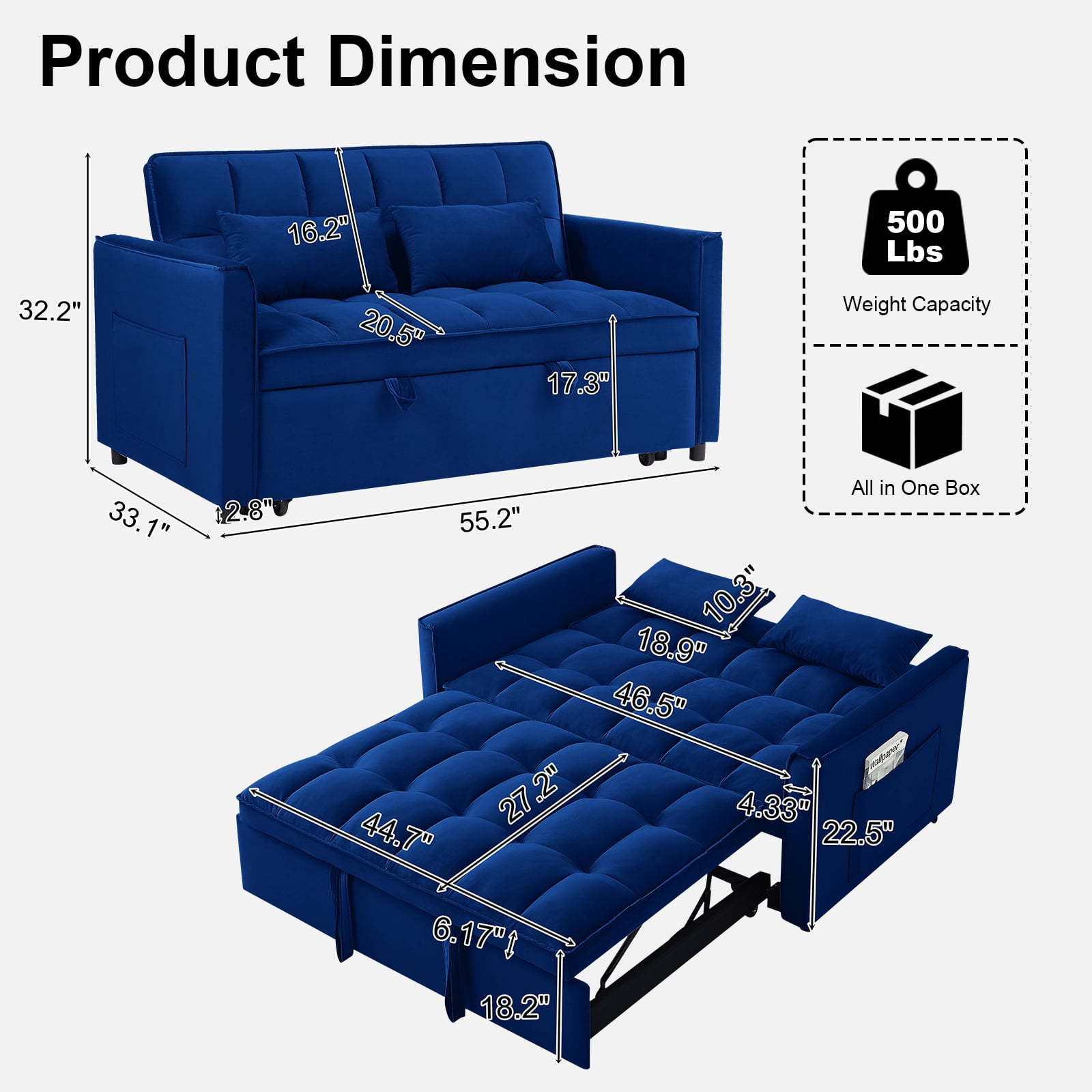 Howcool 55" 3 in 1 Convertible Sleeper Sofa Bed, Pull Out Loveseat Couch with Storage Pocket,Blue