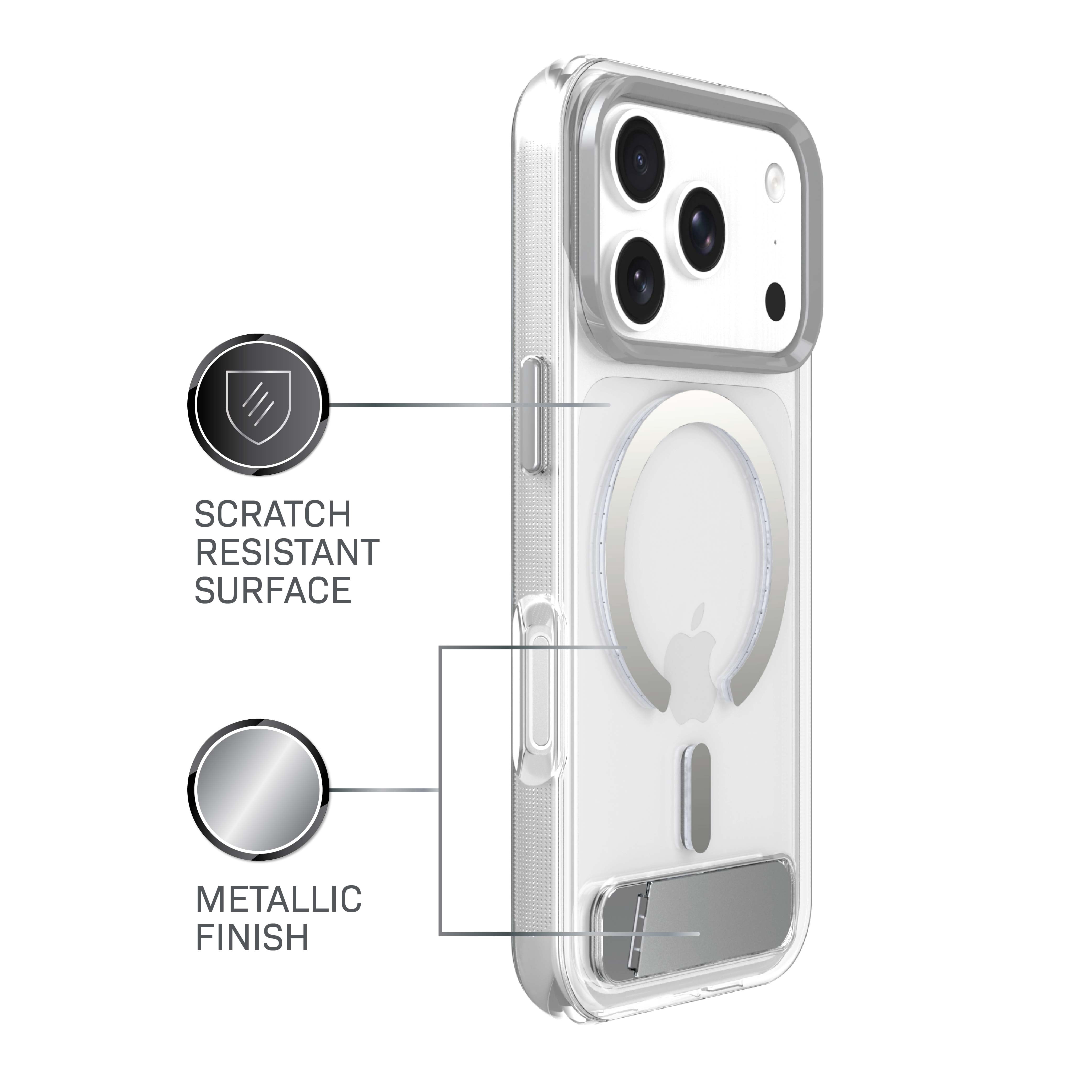 Body Glove Reflector Phone Case with Metallic Kickstand for iPhone 18 Pro / 17 Pro, MagSafe Compatible - Clear/Silver