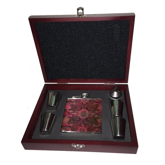KuzmarK 6 oz. Leather Flask Set in Rose Wood Presentation Box -  Paisley Pretty Painting