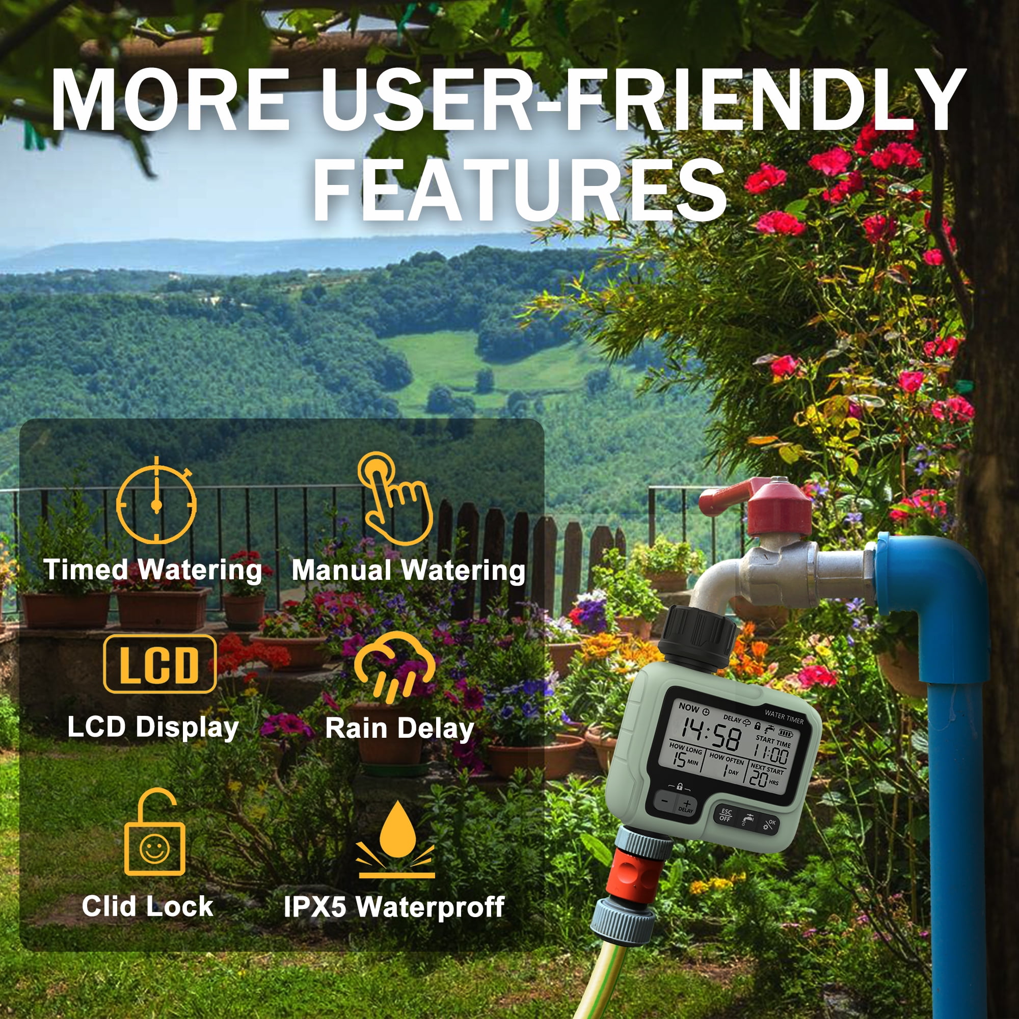 Water Timer Garden Lawn Tap Sprinkler Timer Irrigation System  Controller/Child Lock Mode/Auto&Manual Mode/Rain Delay/IPX5 Waterproof