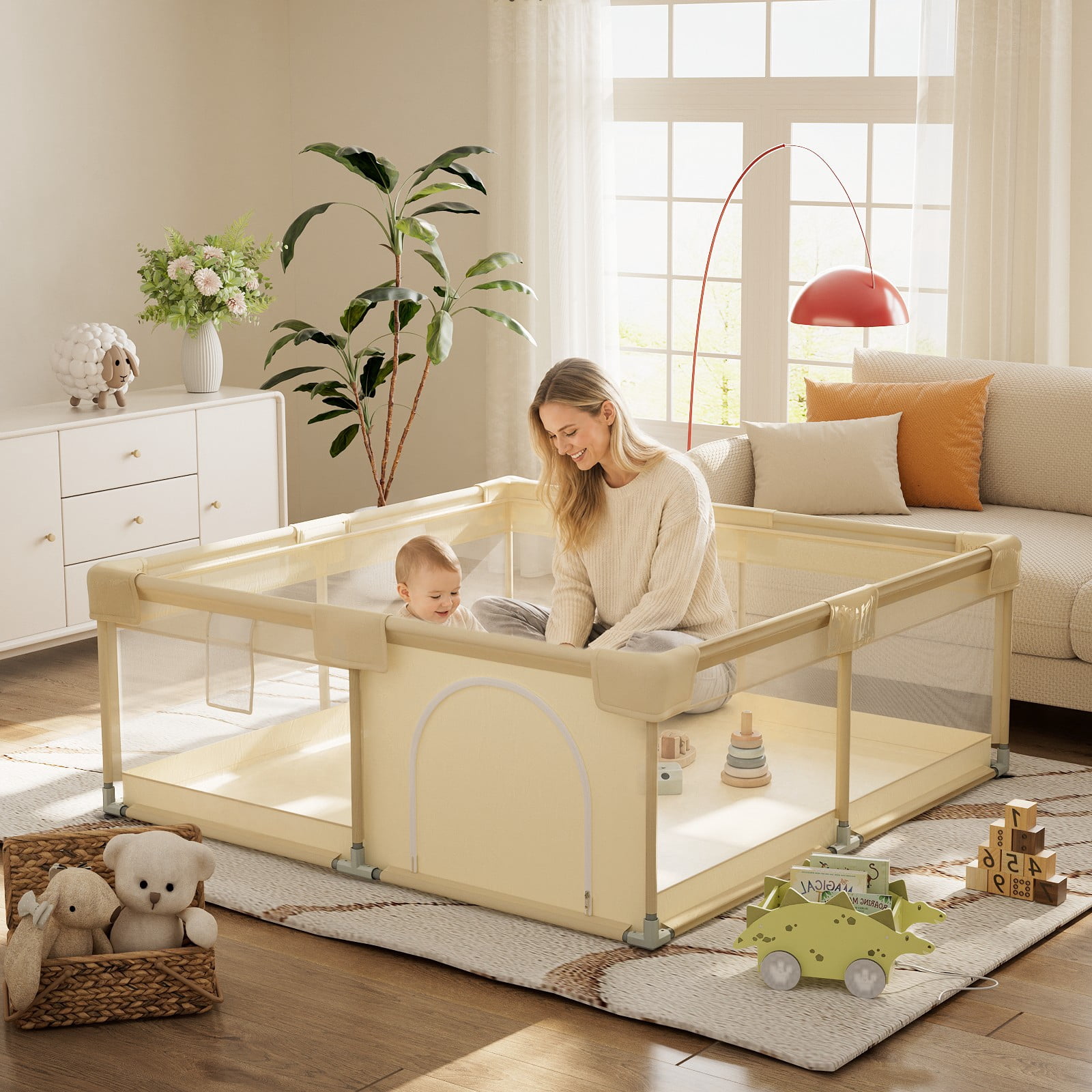 BEAUTYPEAK 60"x60" Large Baby Playpen Toddler Play Yard Fence for Boys and Girls, Pale Yellow